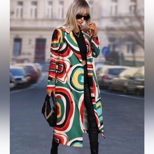 Oversized Colorful Geometric Long Double Breasted open Front Jacket
